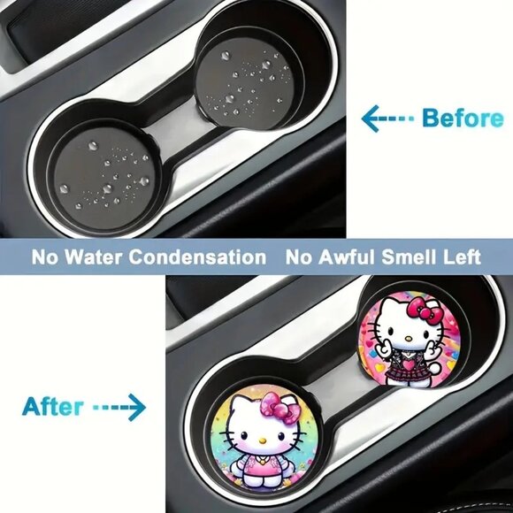 2 Car Coasters Hello Kitty Sanrio Car Drink Auto Vehicle Waterproof Goth Emo NEW - Picture 3 of 5